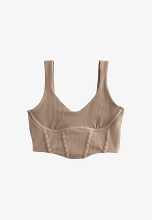 Beiger gestreifter Cropped-Top mit breiten Trägern und einem tiefen Rundhalsausschnitt, ausgestattet mit Nahtdetails für Struktur und einer strukturierten Oberfläche.