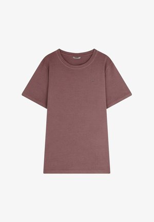 T-shirt a maniche corte in tessuto mauve smorzato, con scollatura rotonda e un piccolo logo decorativo. Texture morbida e vestibilità rilassata.