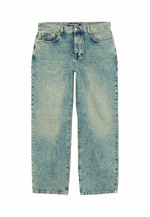 Hellblaue, hoch taillierte Jeans mit geradem Bein, Vordertaschen, Gürtelschlaufen, Knopf, Reißverschluss und verblassten Waschungseffekten.