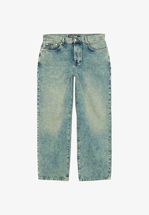 Lichtblauwe high-waisted rechte jeans met voorzakken, riemlussen, knoop, ritssluiting en vervaagde wasdetails.