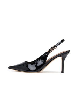 Scarpa con tacco alto slingback in vernice nera, punta a punta e fibbia decorativa dorata sulla cinghia.