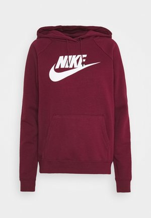 Vinrød Nike-hættetrøje med hvidt logo, frontlomme med klap, snøre i hætten og lange ærmer.