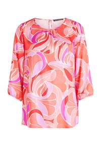 Blusa dai colori vivaci con un motivo floreale in tonalità di corallo, rosa e rosso. Realizzata in tessuto liscio con maniche a tre quarti.