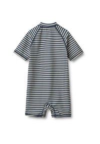 Maillot de bain à rayures à manches courtes en marine et crème, fabriqué en matériau extensible, avec un col montant et un dos partiellement ouvert pour plus de confort.