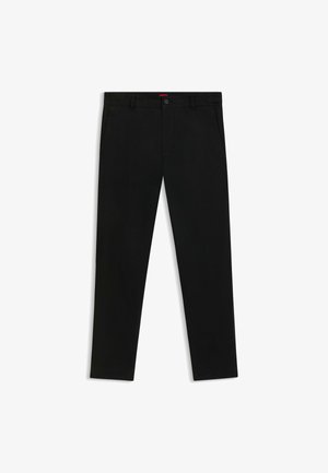 Black trousers made of smooth fabric, featuring a button closure, flat front, and straight-cut legs. No distinctive patterns or accents visible.