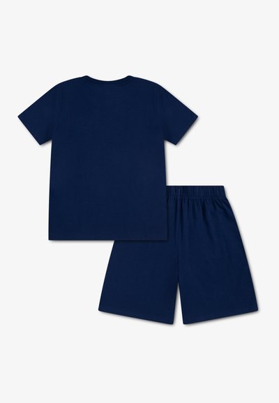 Μπλε ναυτικό βαμβακερό t-shirt με κοντά μανίκια και ταιριαστό σορτς με ελαστική μέση· και τα δύο κομμάτια έχουν απλή, λεία υφή.