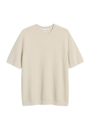 Beige kurzärmliges T-Shirt mit strukturiertem Design, rundem Halsausschnitt und geradem Saum. Hergestellt aus atmungsaktivem Stoff.