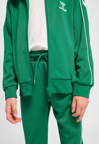 Trening verde cu dungi albe, purtat peste un tricou alb, cu jachetă cu fermoar și pantaloni cu șnur.