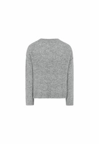 Pull court gris en tissu doux, avec col rond, manches longues et poignets côtelés aux extrémités et aux manches.
