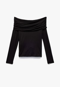 Top nero a maniche lunghe con scollatura off-the-shoulder e dettaglio in tessuto arricciato. Realizzato in materiale liscio e elasticizzato. Design semplice.