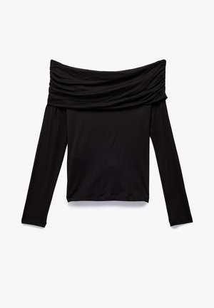 Zwarte lange mouwen top met een off-the-shoulder halslijn en gathered stofdetails. Gemaakt van een soepele, rekbare stof. Eenvoudig ontwerp.