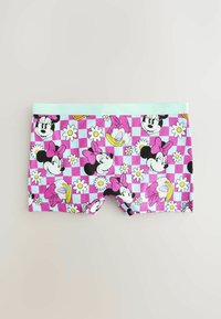 Färgglada barnboxershorts med ett rosa och ljusblått rutmönster som har tecknade figurer, blommor och ett mintgrönt midjeband.