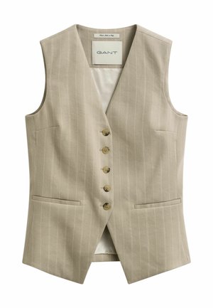 Beige Nadelstreifenweste mit fünf Knöpfen, zwei vorderen Eingrifftaschen und V-Ausschnitt, mit GANT-Label, zugeschnitten für eine figurbetonte Passform.