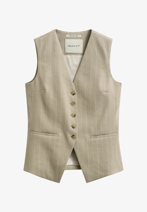 Beige Nadelstreifenweste mit fünf Knöpfen, zwei vorderen Eingrifftaschen und V-Ausschnitt, mit GANT-Label, zugeschnitten für eine figurbetonte Passform.