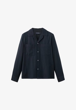 Marineblauwe overhemd met lange mouwen, met kraag en knopen aan de voorkant. Heeft twee borstzakken en een gladde, geweven stofstructuur.