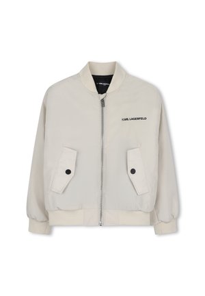 Lichtbeige bomberjack met rits aan de voorkant, twee klepzakken met zwarte knopen, geribde manchetten en zoom, en Karl Lagerfeld-logo op de borst.