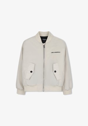 Lyse beige bomberjakke med frontlynlås, to klaplommer med sorte knapper, ribstrikkede manchetter og kant samt Karl Lagerfeld-logo på brystet.