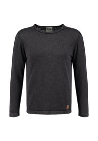 Camisa de manga larga gris oscuro hecha de una tela suave. Presenta un cuello redondo, costuras planas y un pequeño parche de cuero con el logo en el dobladillo.