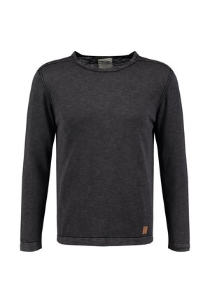 Camisa de manga larga gris oscuro hecha de una tela suave. Presenta un cuello redondo, costuras planas y un pequeño parche de cuero con el logo en el dobladillo.