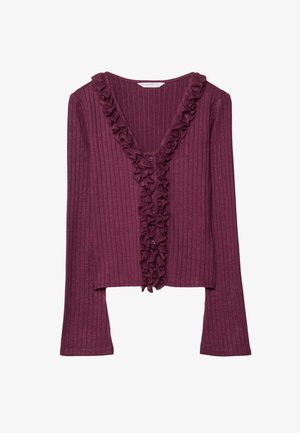 Bordový žebrovaný top s dlouhým rukávem, výstřihem do V, volánkovým předním dílem a zapínáním na knoflík. Tkanina vypadá jemně a má strukturovaný povrch.