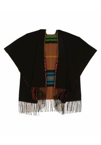 Châle noir avec des bords fringés, présentant un intérieur à motif marron avec des rayures vertes et bleues, et une silhouette ample et drapée.