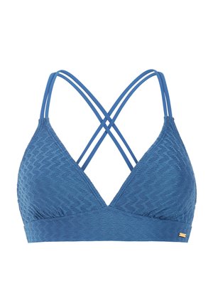 Blauw textuur badpakkenbovenstuk met dubbele dunne gekruiste bandjes en een brede band onder de borst, met een klein gouden merklabel aan de zijkant.