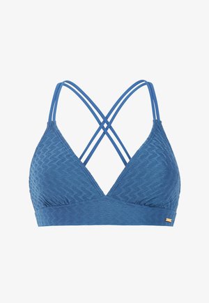 Haut de bikini bleu texturé avec des doubles fines bretelles croisées et une large bande sous la poitrine, avec une petite étiquette de marque dorée sur le côté.