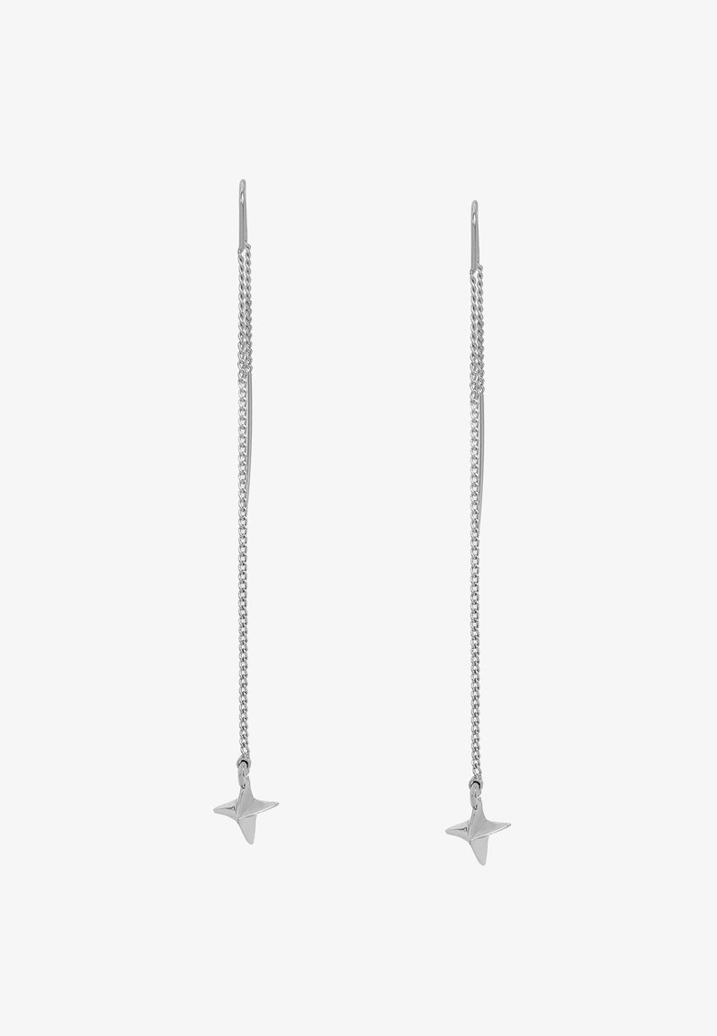 Boucles d'oreilles en argent sterling avec chaînes délicates terminées par de petits pendentifs en forme d'étoile.