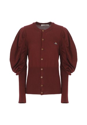 Cardigan bordeaux con bottoni, maniche lunghe a palloncino e un piccolo logo ricamato colorato sul lato sinistro del petto.