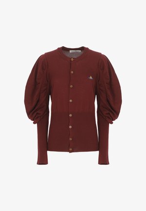 Cardigan bordeaux con bottoni, maniche lunghe a palloncino e un piccolo logo ricamato colorato sul lato sinistro del petto.