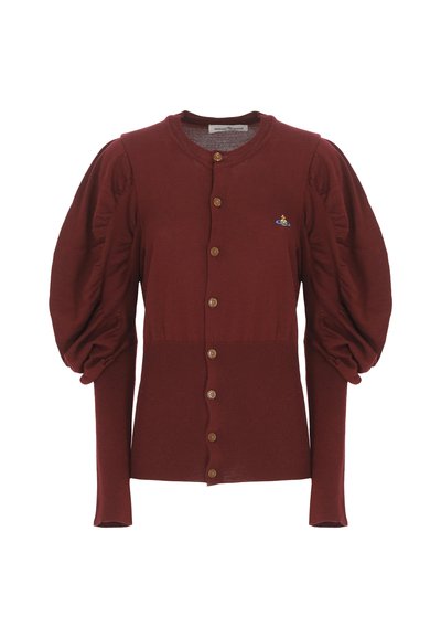 Cardigan bordeaux con bottoni, maniche lunghe a palloncino e un piccolo logo ricamato colorato sul lato sinistro del petto.