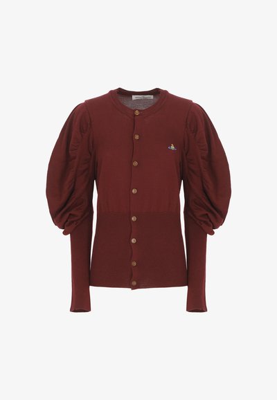 Cardigan bordeaux con bottoni, maniche lunghe a palloncino e un piccolo logo ricamato colorato sul lato sinistro del petto.