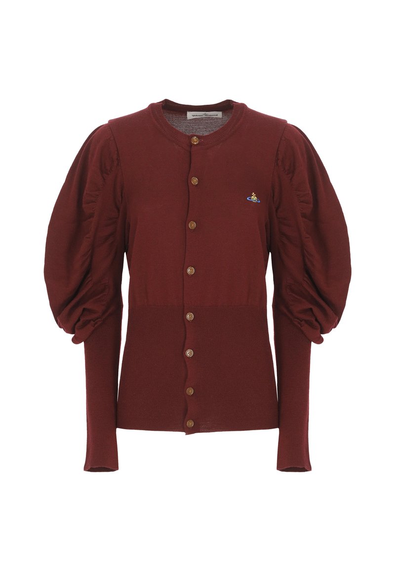 Cardigan bordeaux con bottoni, maniche lunghe a palloncino e un piccolo logo ricamato colorato sul lato sinistro del petto.