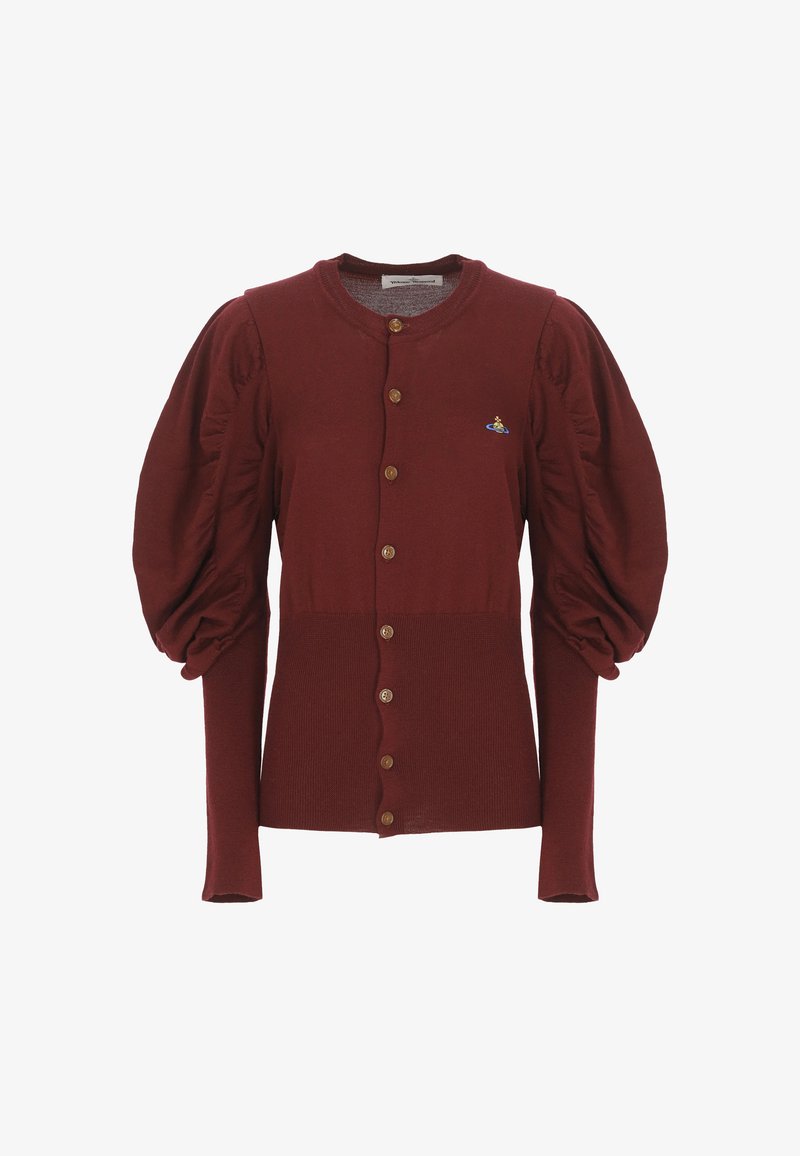 Cardigan bordeaux con bottoni, maniche lunghe a palloncino e un piccolo logo ricamato colorato sul lato sinistro del petto.