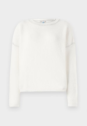 White ribbed knit sweater featuring a round neck, long sleeves, and a slightly cropped hem; textured fabric and minimal stitching details.