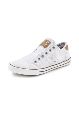 White low-top casual sneaker without laces, metal eyelets, rubber toe cap, and brown patch on tongue and heel.