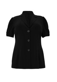 Schwarze Bluse mit kurzen Ärmeln, Kragen, vier vorderen Knöpfen und gerafften Puffärmeln aus einem glatten Stoff.