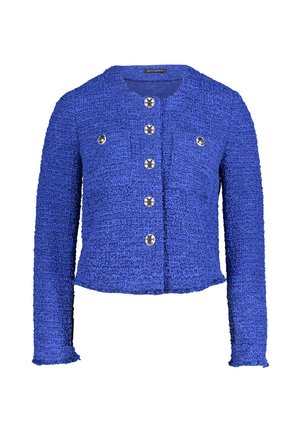 Blue textured boucle jacket with long sleeves, round neckline, six large silver buttons down front and two decorative chest pockets.