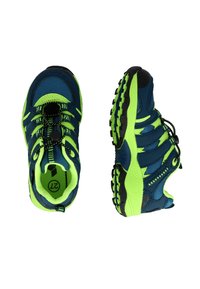 Sport shoes featuring a dark blue mesh upper with vibrant lime green accents, round toe, and a durable rubber sole with traction tread.
