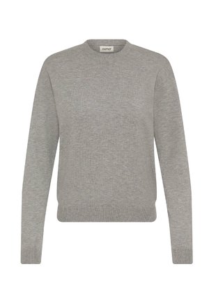 Pull en maille gris avec un col rond, des manches longues et des poignets et un ourlet côtelés ; présente une texture douce et un design simple.