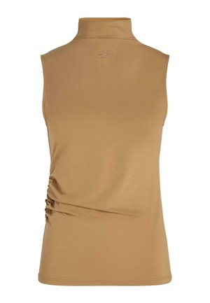 Top sans manches à col roulé camel avec un subtil froncé sur le côté gauche et un petit logo brodé sous le col au dos.