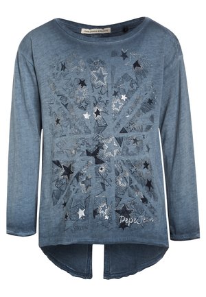 Chemise à manches longues bleue avec un motif d'étoiles disposées comme le drapeau Union Jack, comprenant des étoiles argentées et noires, avec le texte "Pepe Jeans" en bas.