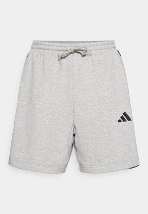Grijze katoenen shorts met een elastische tailleband en trekkoord, voorzien van een zwart Adidas-logo aan de linkerkant. Effen textuur, casual ontwerp.