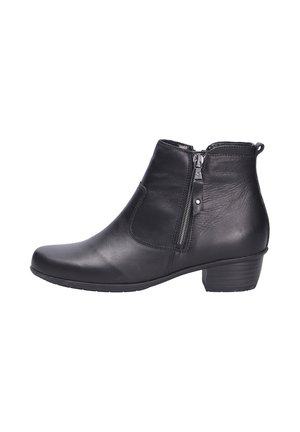 Bottines en cuir noir avec une fermeture éclair sur le côté, bout rond et talon bloc bas. Texture lisse et design minimaliste.