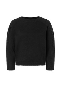 Pull en tricot noir à col rond, avec des ornements texturés sur les manches. Le tissu semble doux et légèrement épais.