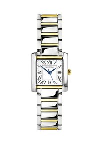 Montre rectangulaire en argent et or avec un cadran blanc, des chiffres romains et des aiguilles bleues. Dispose d'un bracelet en métal poli avec des maillons texturés.