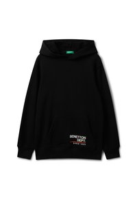 Černá mikina s kapucí a přední kapsou, na dolním pravém rohu je bílý a červený nápis "Benetton Dept. Since 1965".