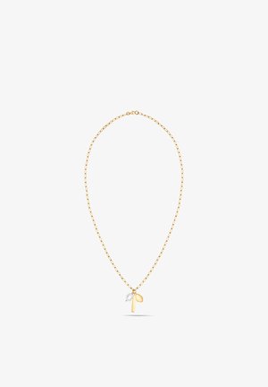 Goldene Metallkette mit Kettendesign, die einen vertikalen Balken und zwei dekorative Elemente zeigt: eine weiße Perle und ein ovales Goldakzent.