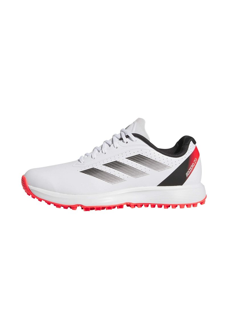 White athletic shoes with a smooth texture, black accents, three black stripes, and a red outsole for traction. Features a lace-up design.