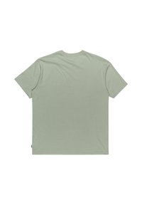 Camiseta de manga corta verde claro, hecha de algodón suave, con un corte holgado y un escote redondo. Sin patrones o gráficos visibles.